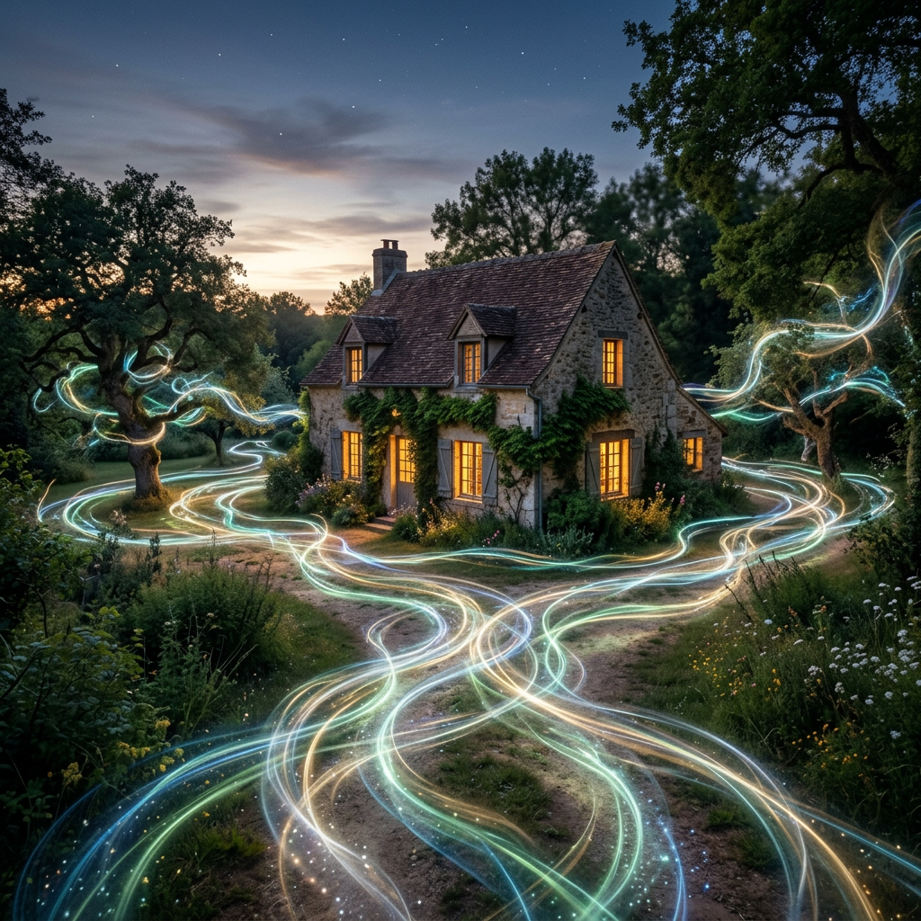 Stone cottage at dusk with glowing windows and magical light trails weaving around it