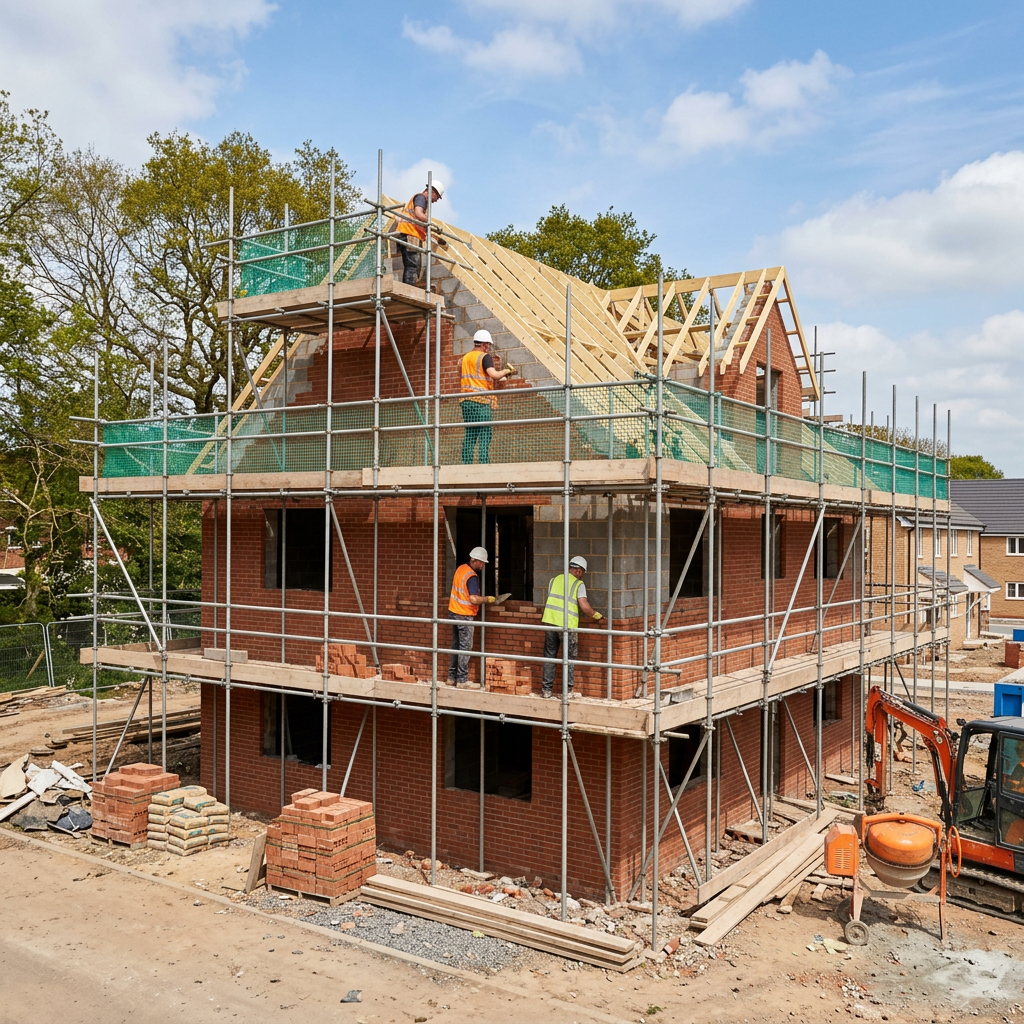 Workers constructing brick walls and wooden roof frame on a two-story house with scaffolding
