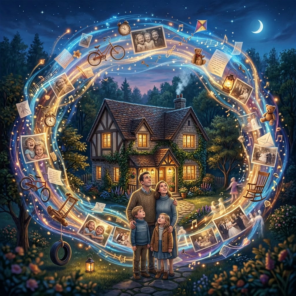 Cozy illuminated house surrounded by glowing family photos, musical notes, and nostalgic objects in a nighttime garden