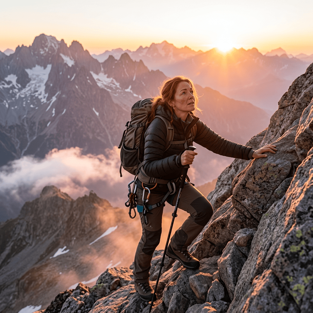 Woman ascending rocky mountain slope using trekking pole at sunrise