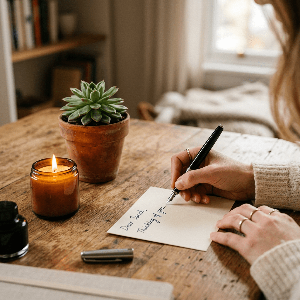Person writing 'Dear Sarah, Thinking of you...' on a card with a fountain pen beside a lit candle and succulent plant