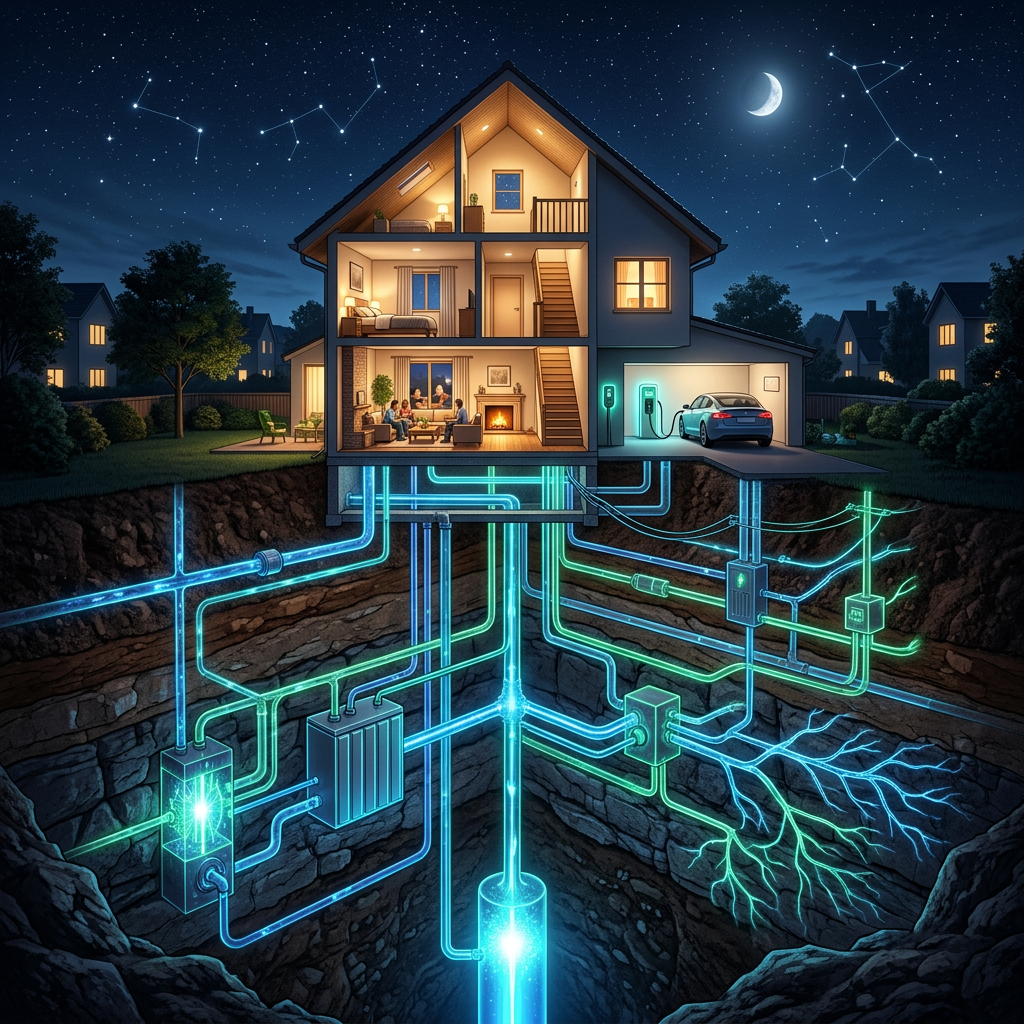 Cutaway view of a house at night with underground glowing utility and energy pipes