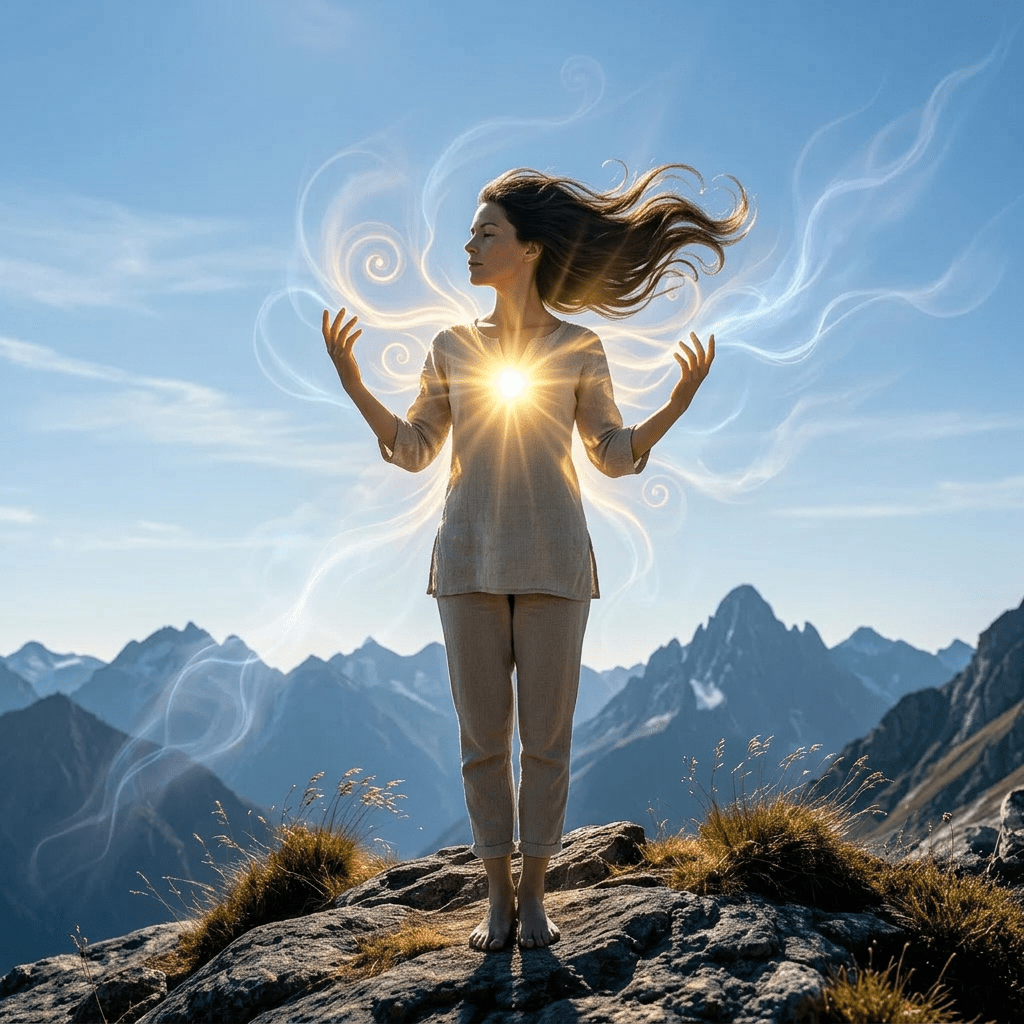 Silhouette of a person with glowing light and colorful cosmic swirls