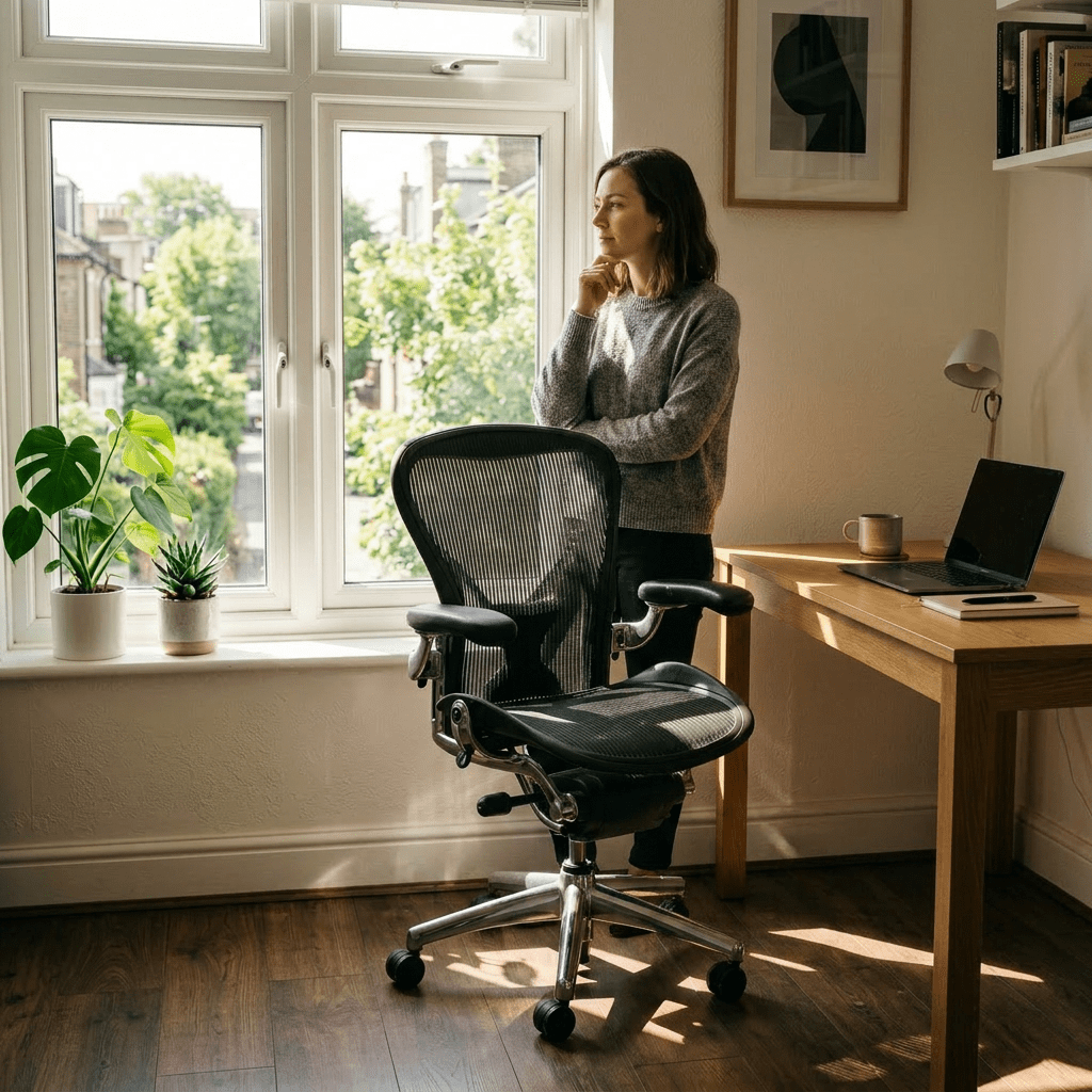 Home office with ergonomic chair, wooden desk, laptop, plants on windowsill