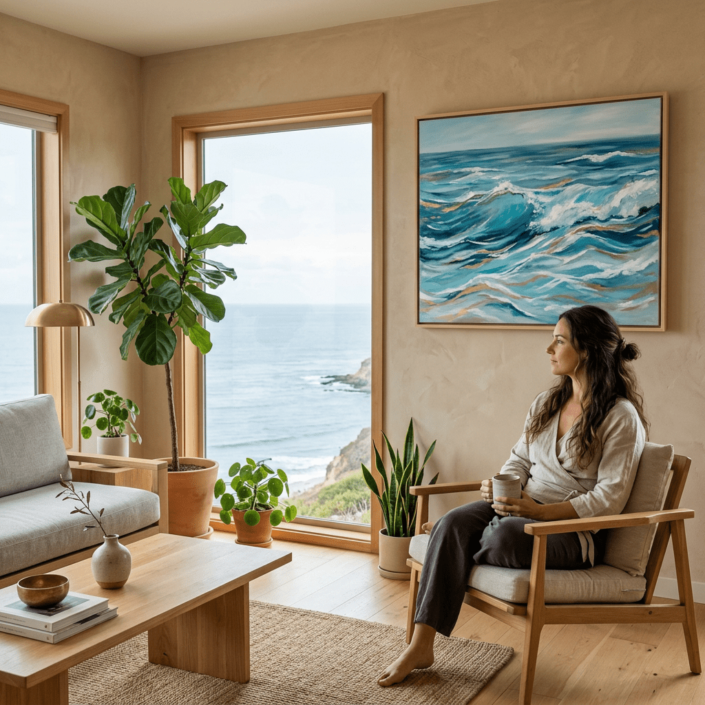 Woman sitting in a modern living room with a large window overlooking the ocean, holding a cup