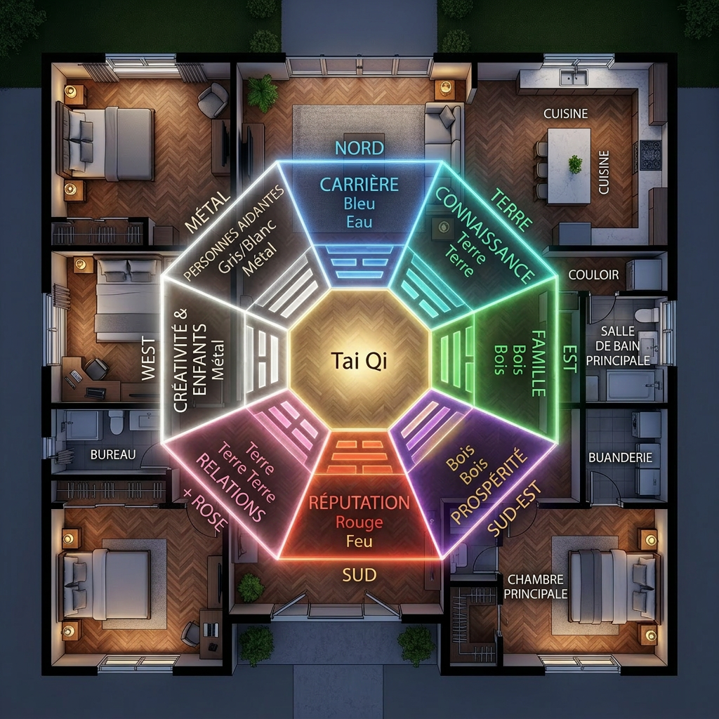 Feng Shui Bagua map overlaid on a house floor plan with labeled areas and elements