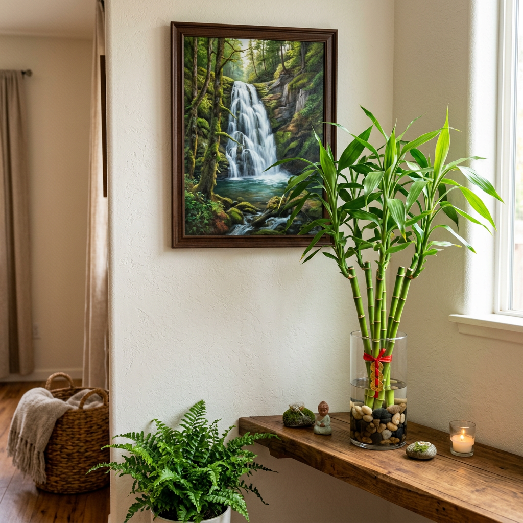 Bamboo plant in glass vase with pebbles beside waterfall painting on wall