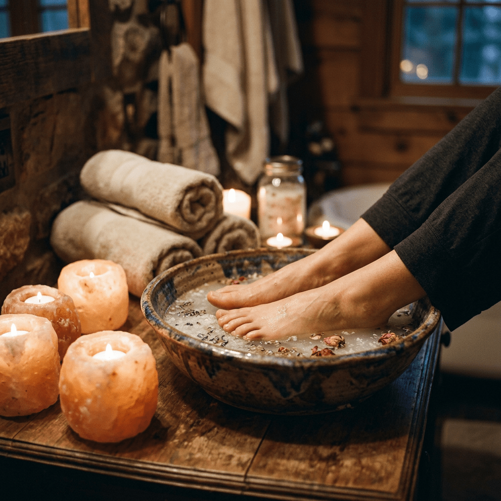 Feet soaking in a bowl with water and flower petals surrounded by lit candles and rolled towels