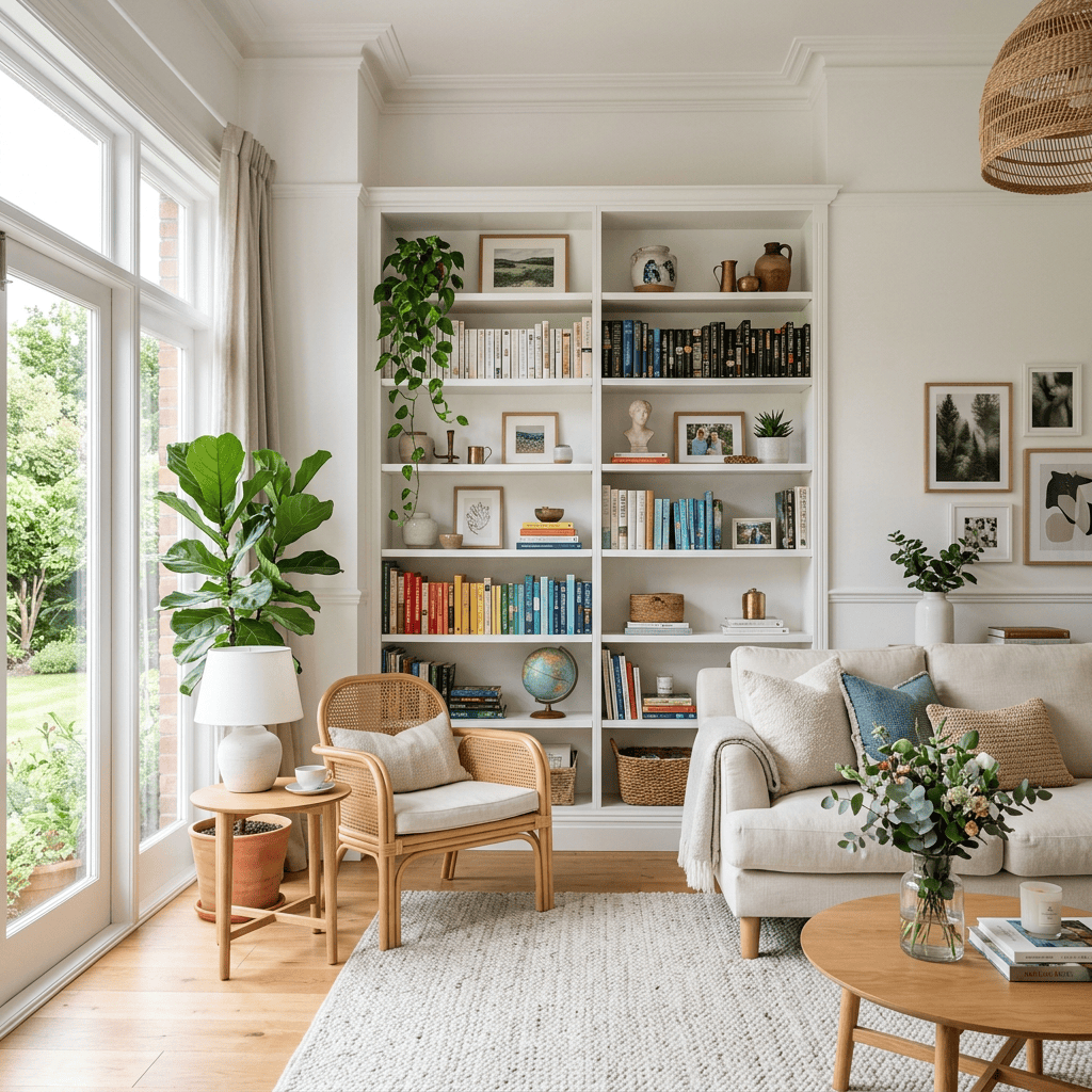 Living room with large windows, rattan armchair, cream sofa, colorful bookshelves, plants, and wall art