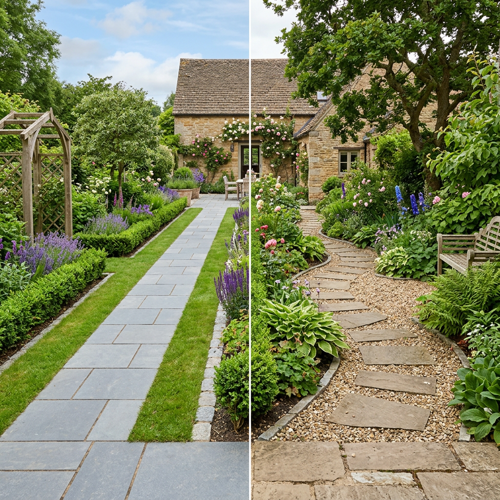 Two garden paths leading to a stone cottage, one formal with rectangular stone slabs and one informal with irregular stone stepping stones