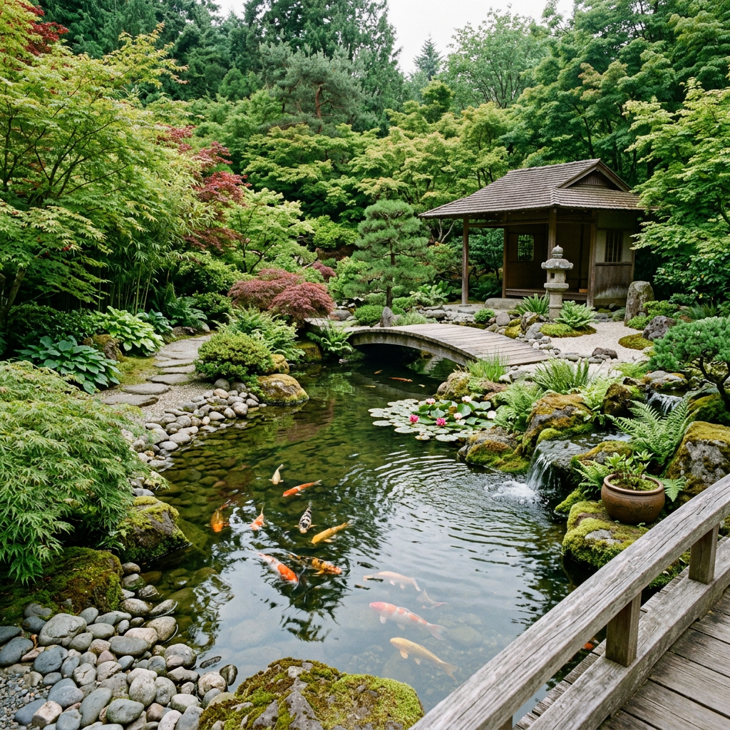 Japanese garden with koi pond, wooden bridge, stone lantern, lush greenery