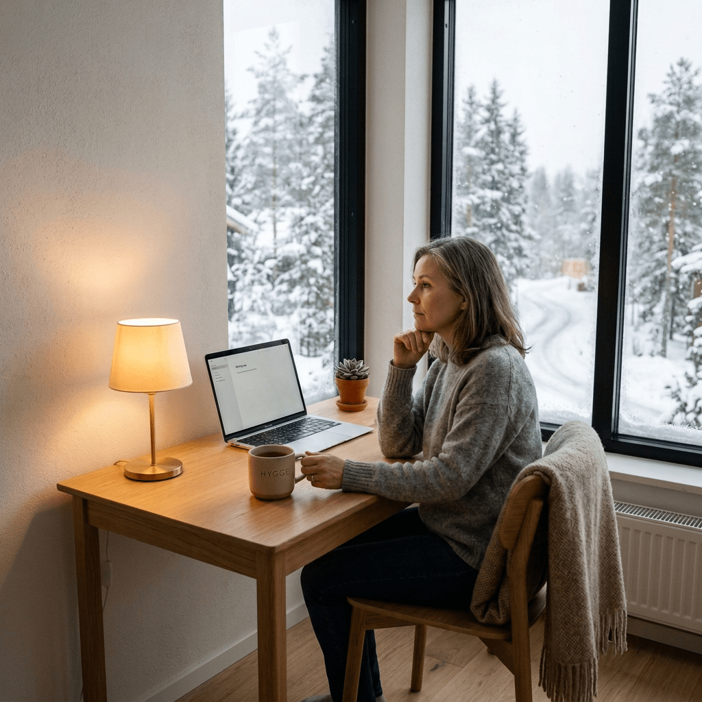 Wooden desk with laptop, lamp, coffee mug, plant, and notebook in front of large windows showing snowy trees and road
