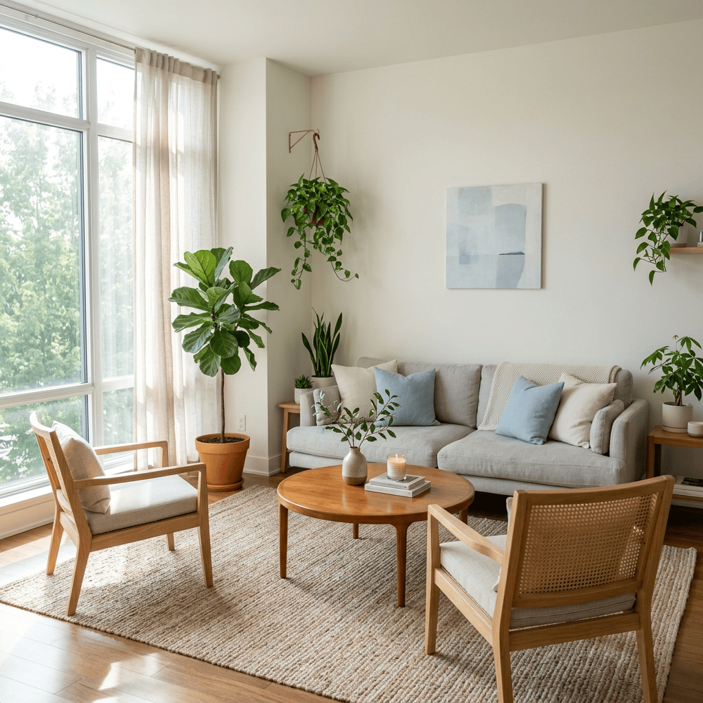 Cozy living room with beige sofa, wooden chairs, round coffee table, and green indoor plants