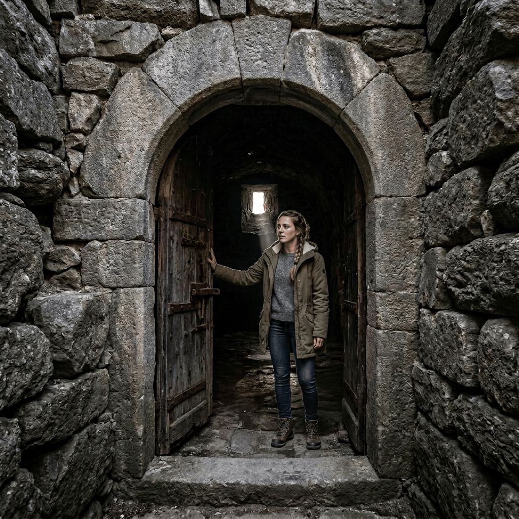 Open wooden doors in a stone archway with a beam of light inside