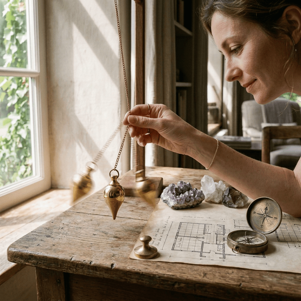 Sunlit wooden desk with architectural plans, crystals, compasses, and a hanging pendulum
