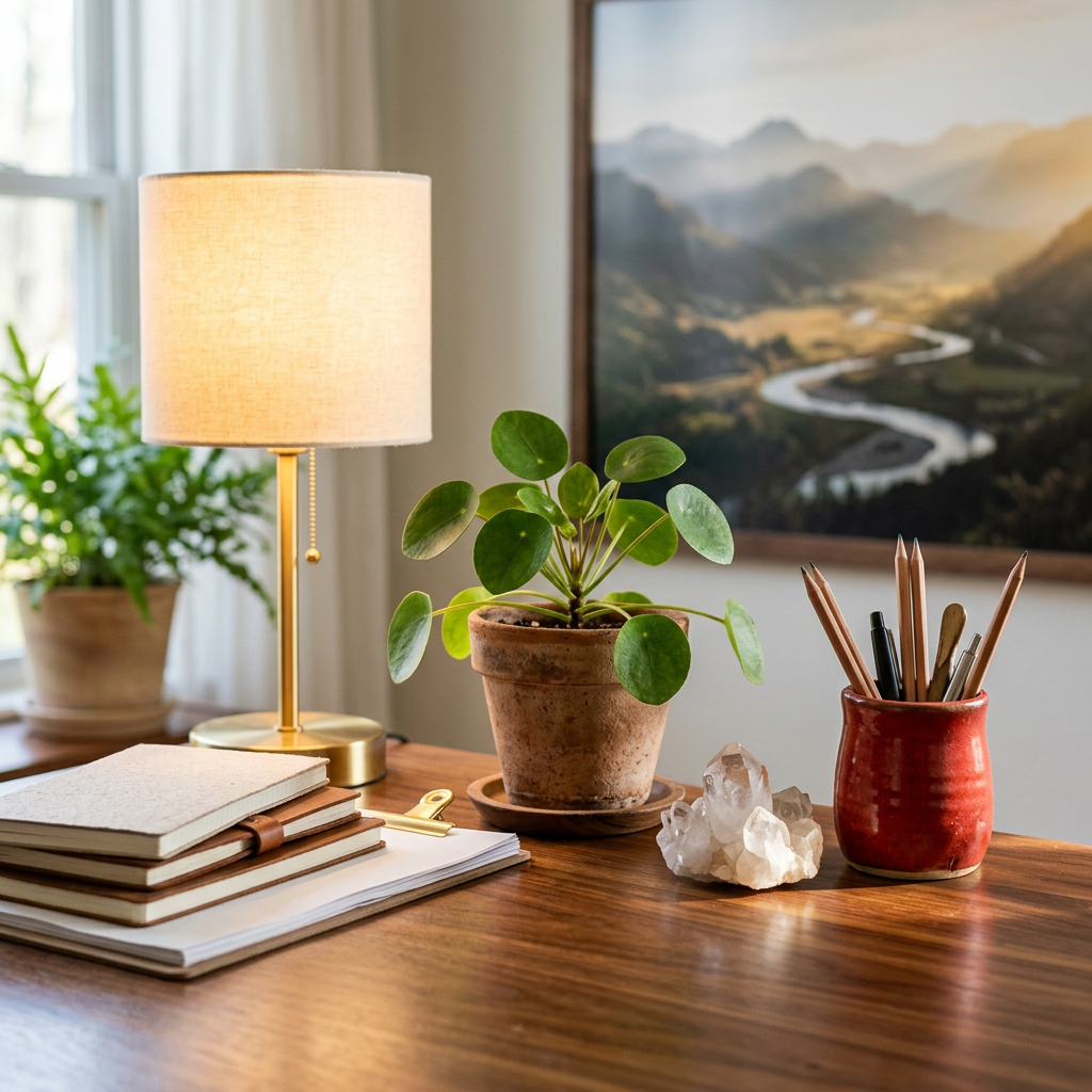Sunlit desk with books, potted plant, crystals, pencils, lamp, and mountain artwork