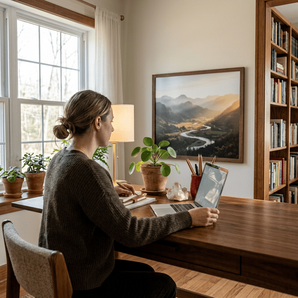 Sunlit desk with books, potted plant, crystals, pencils, lamp, and mountain artwork