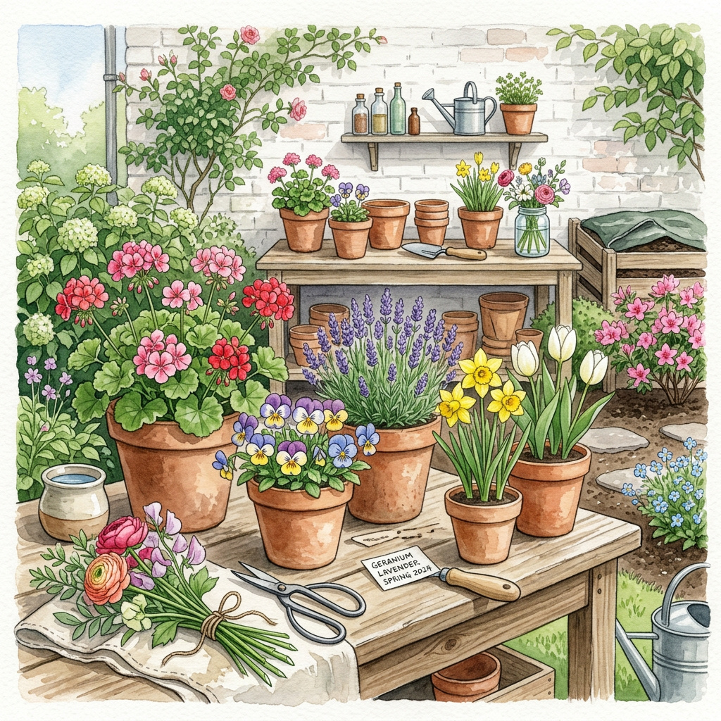 Watercolor garden workspace with flowering potted plants and gardening tools