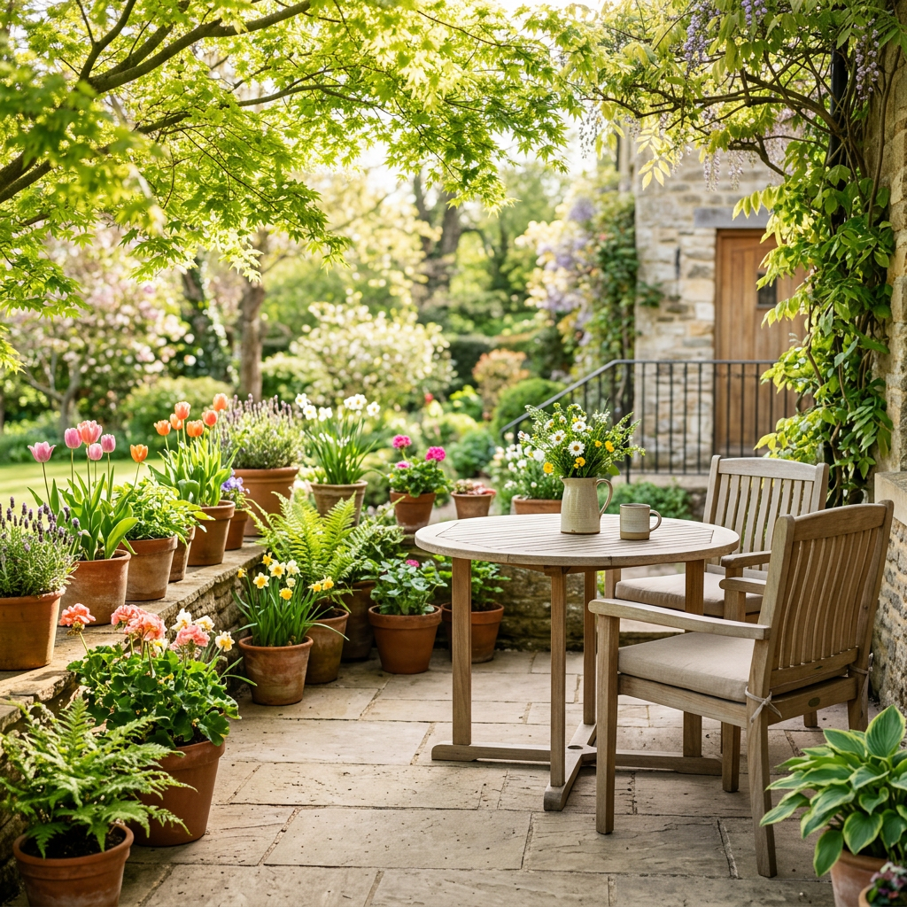 Stone patio with two chairs, a table, and many flowering potted plants